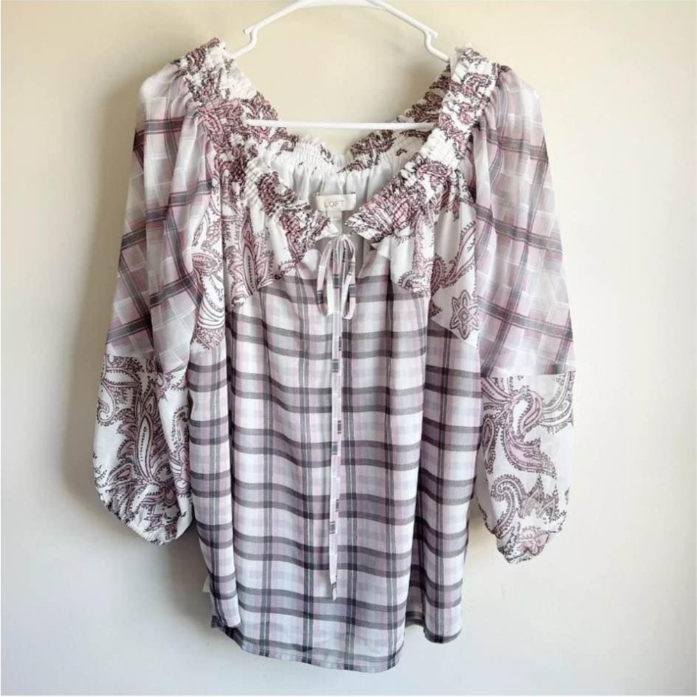 Loft Women's Pink Plaid off the shoulder long sleeve Top size XL